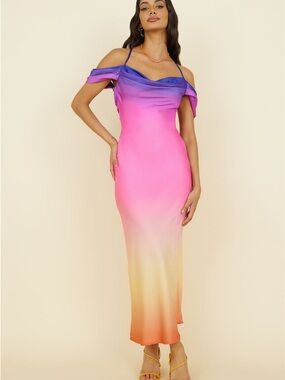 Fortunate One Ombre Off-Shoulder Maxi Dress in Pink to Orange